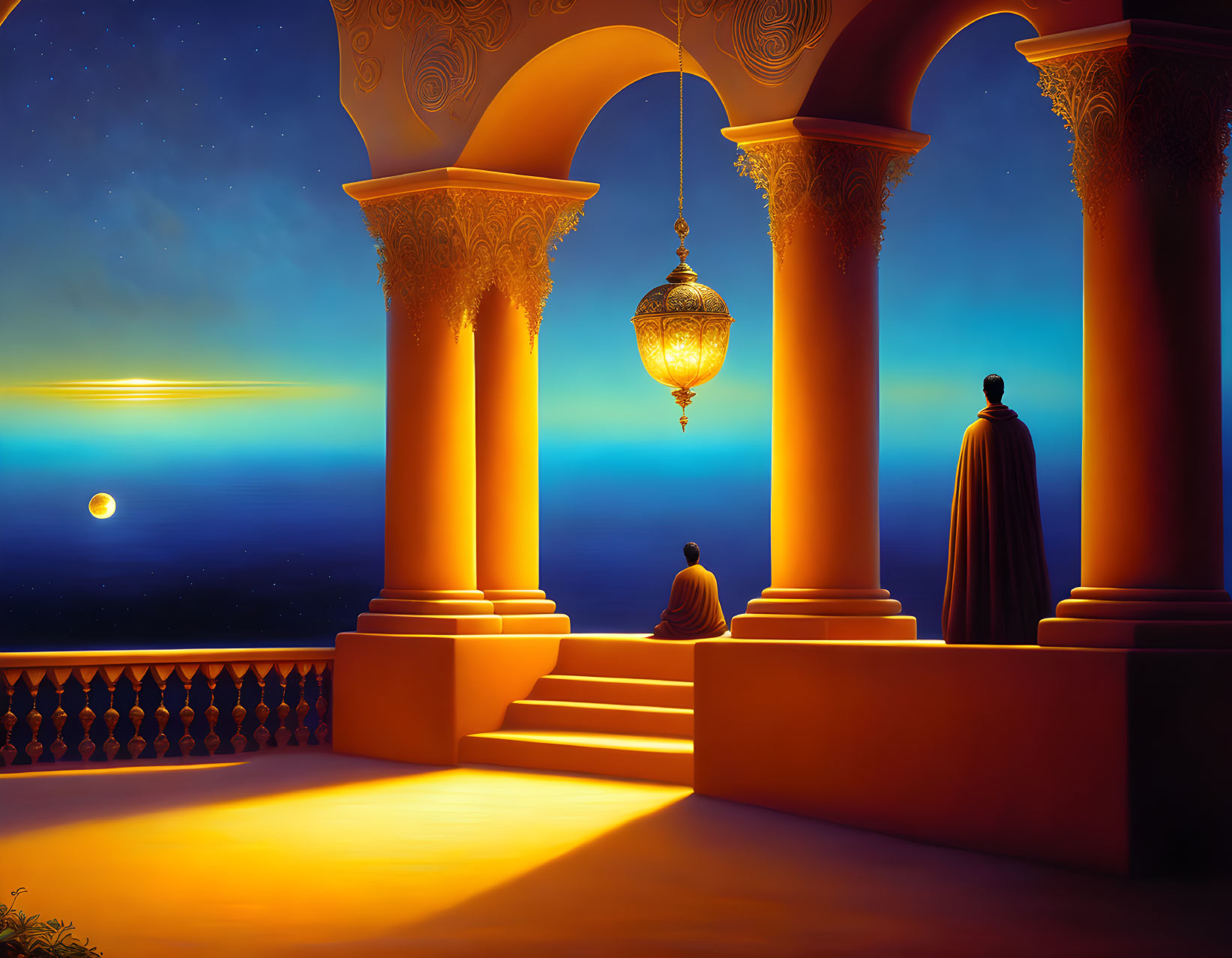 Individuals on balcony with arches overlooking sunset by sea and stars.