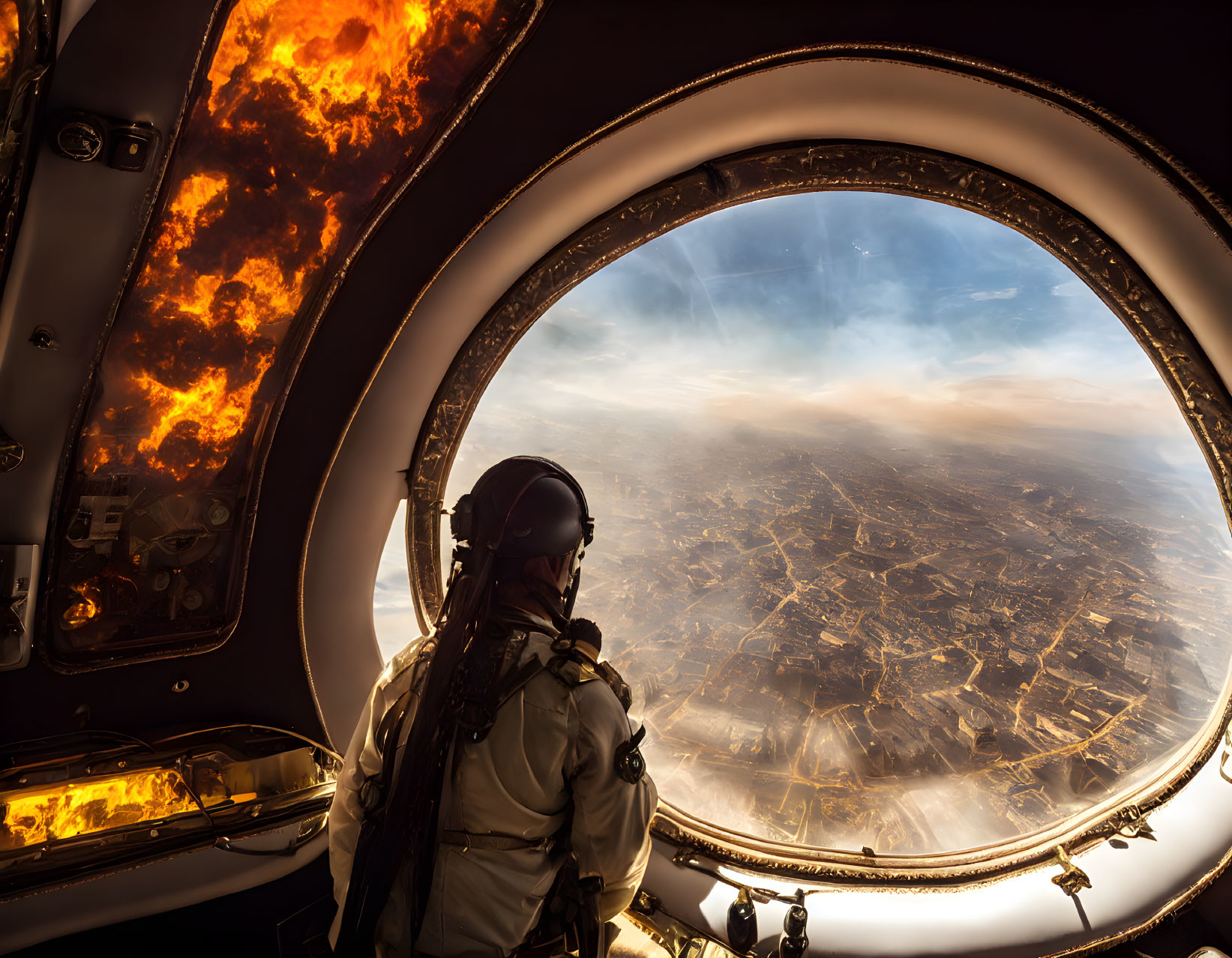 Pilot in flight suit views fiery sky and detailed landscape from cockpit.