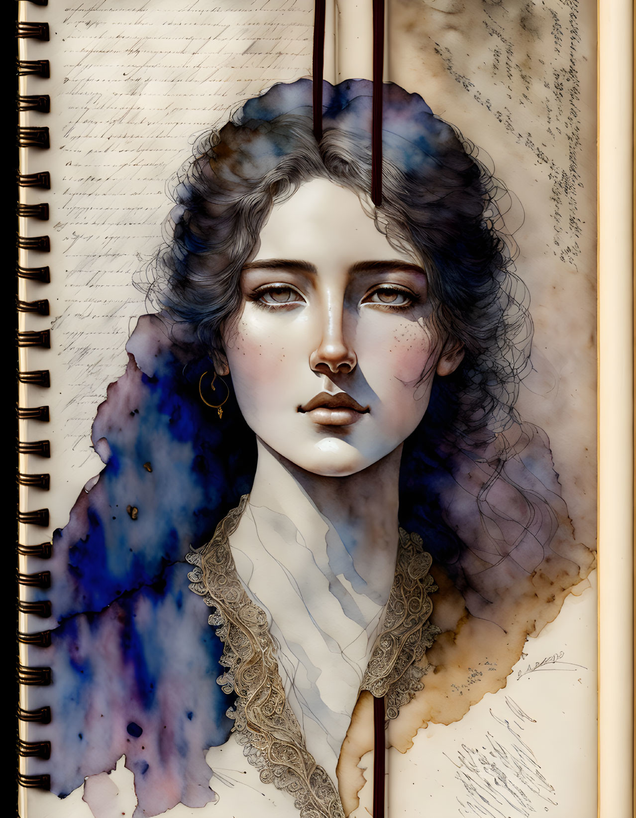 Illustration of woman with wavy hair and lace collar on watercolor spiral notebook page