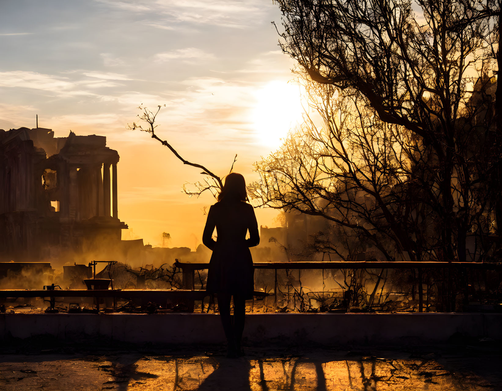 Person silhouette against sunset, ruins, leafless tree