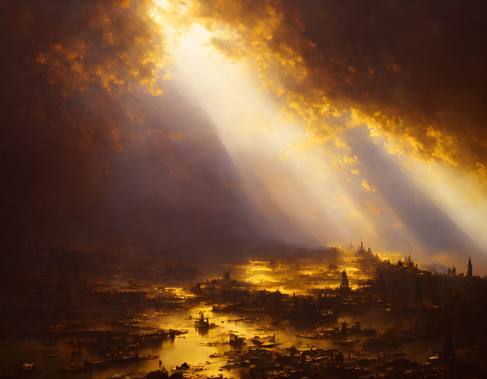 Apocalyptic landscape with dark clouds and intense light beams