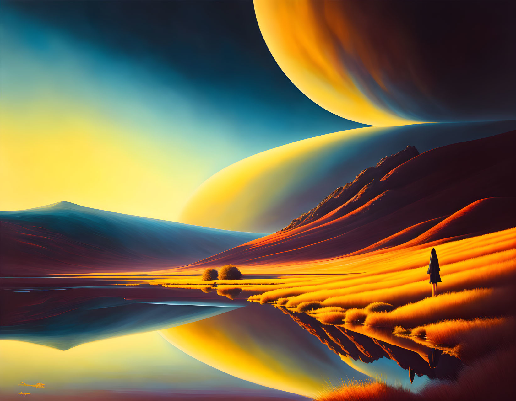 Solitary figure by reflective water body in surreal landscape