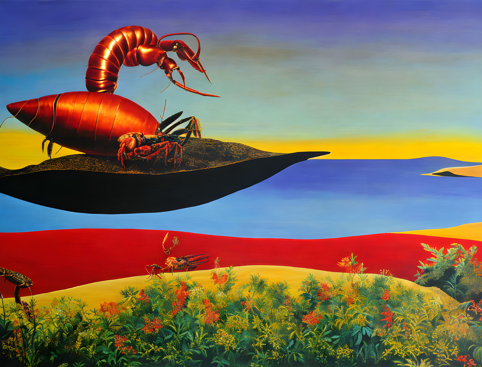 Surrealist painting: Giant lobster on floating hat in colorful landscape