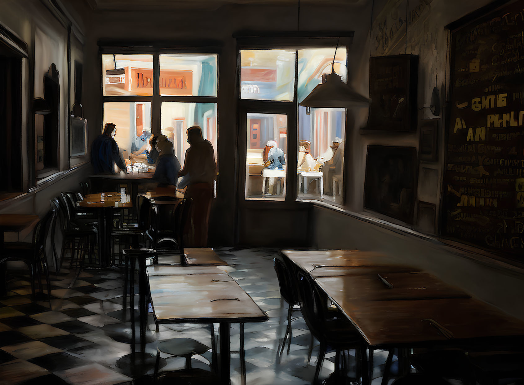 Cozy café interior with warm lighting and patrons at the counter