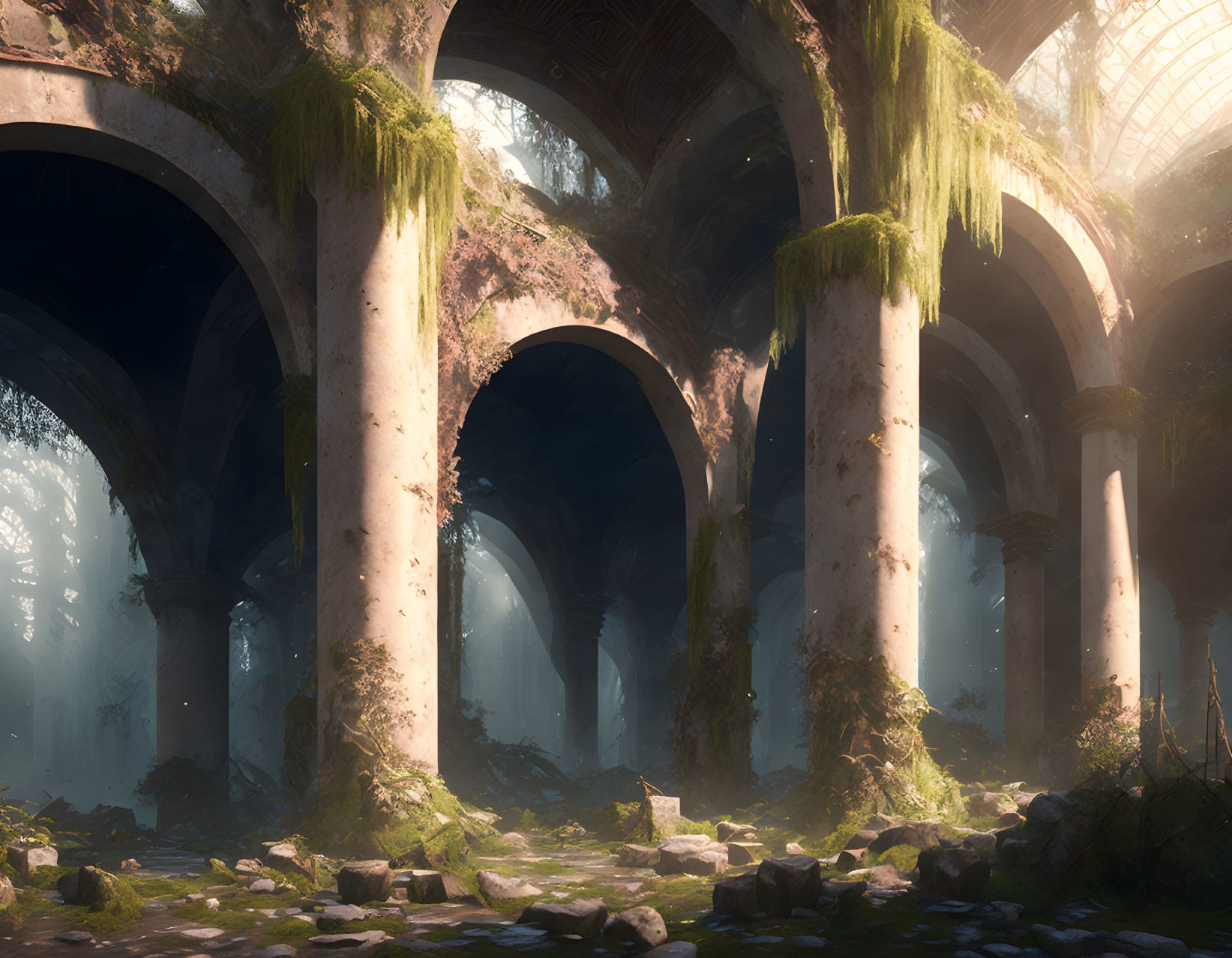 Overgrown Cathedral Ruins with Glass Dome and Sunlight