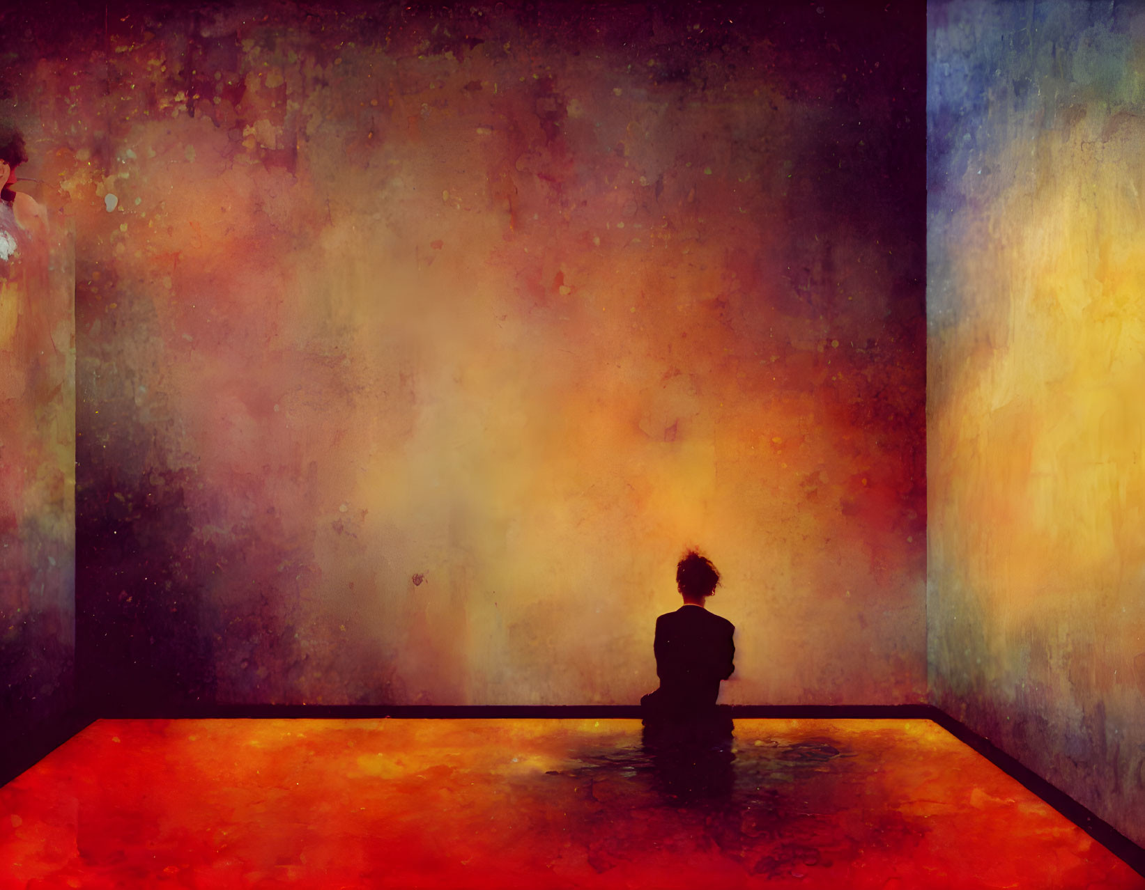 Person sitting in front of vibrant abstract wall in warm room