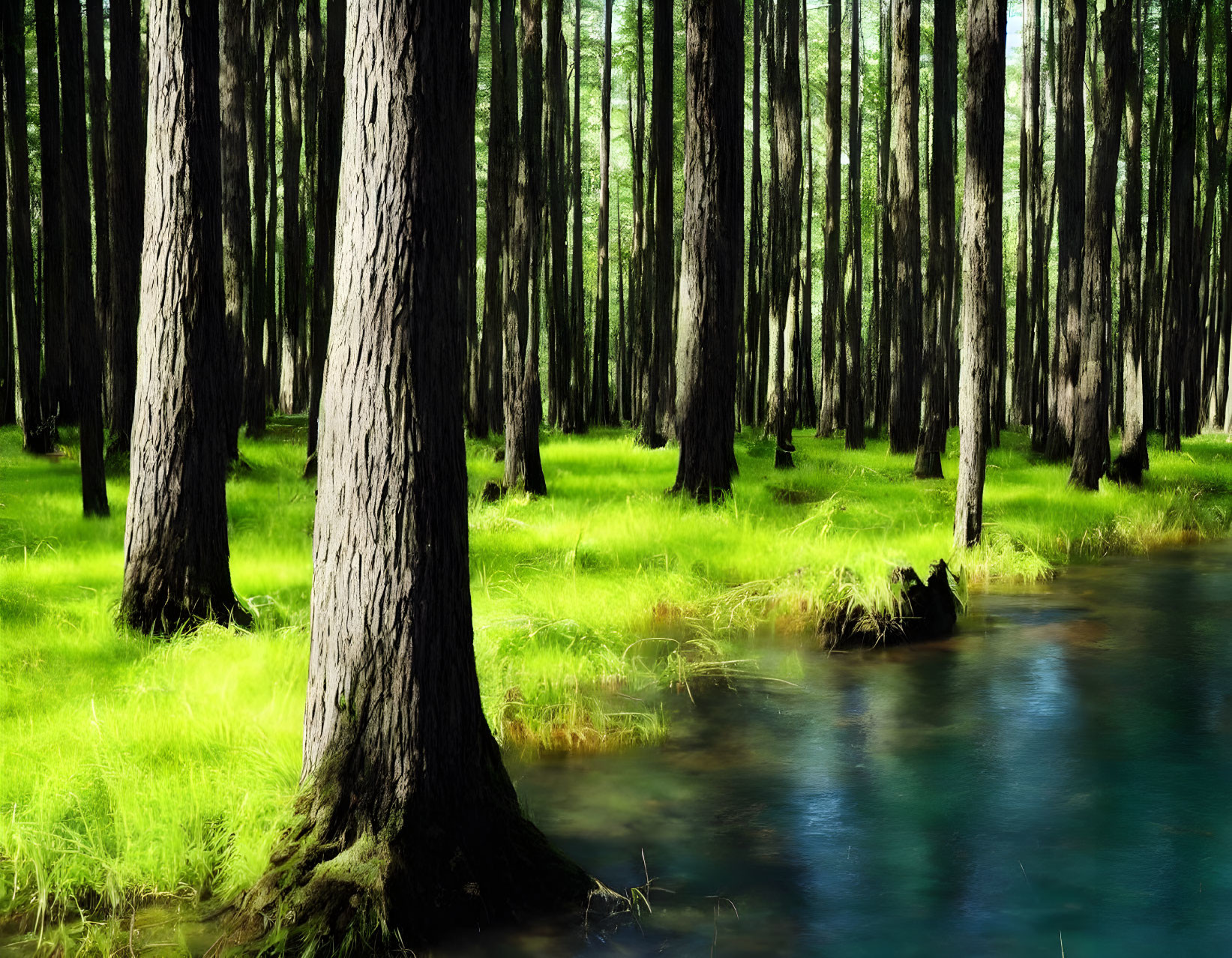 Tranquil flooded forest with tall trees partially submerged in blue pool