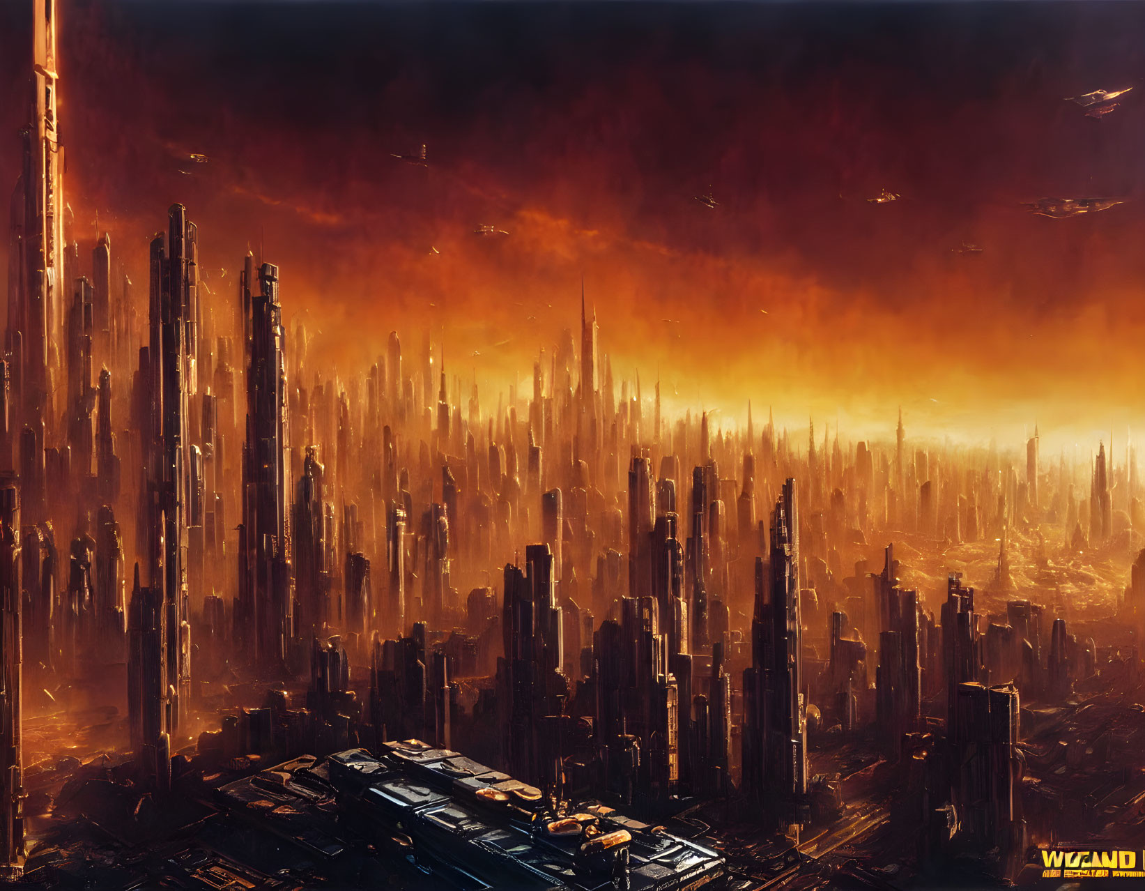 Dramatic futuristic cityscape with towering skyscrapers in orange hues