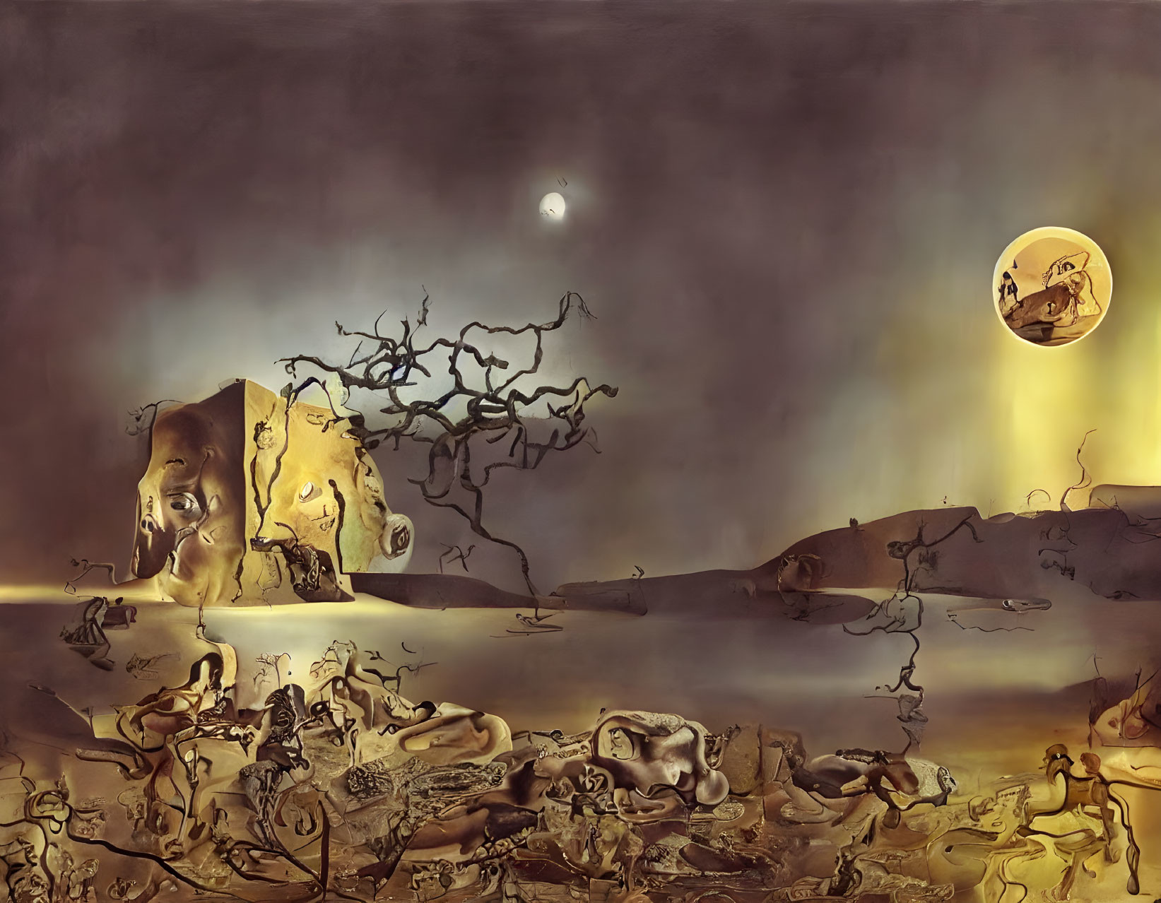 Surreal landscape with contorted tree, abstract figures, and elephant rock formations under moonlit sky