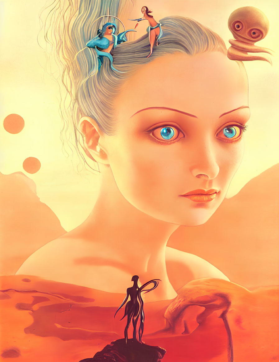 Surreal portrait with glowing blue eyes, tiny figures, silhouette, and eye creature