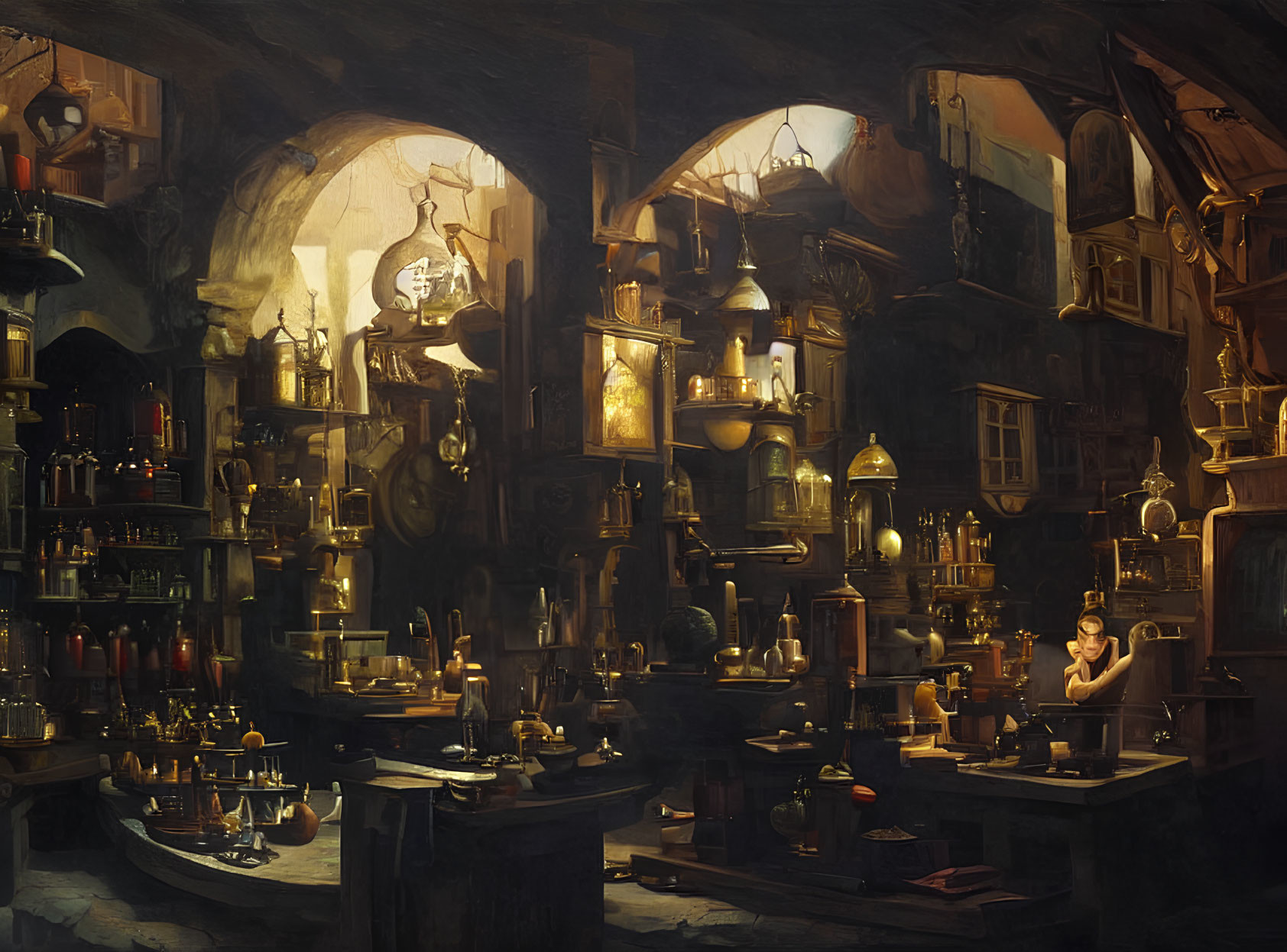 Dimly-lit Alchemist's Lab with Bottles, Books, and Apparatuses