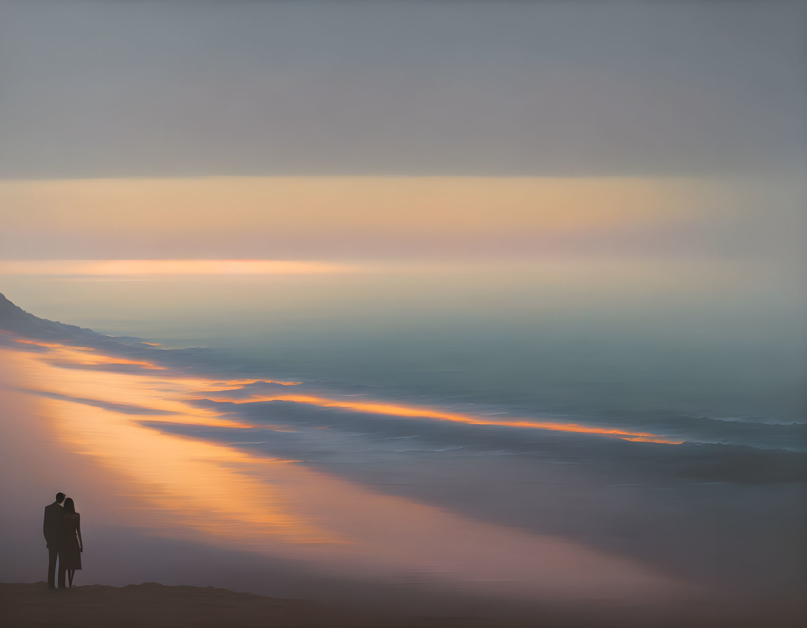 Sunset beach scene with two people in soft glowing light