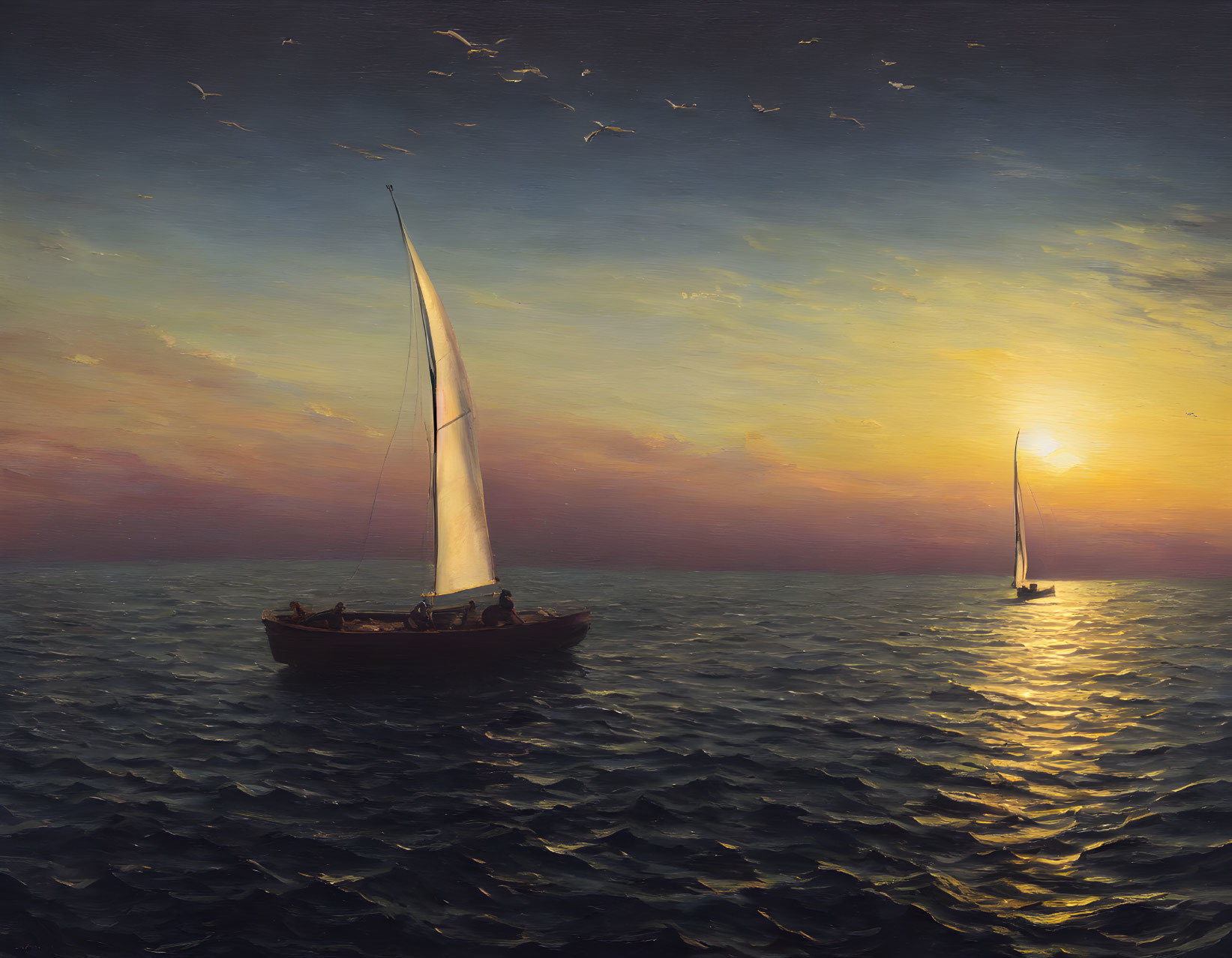 Tranquil sunset seascape with sailboats, seagulls, and glowing horizon