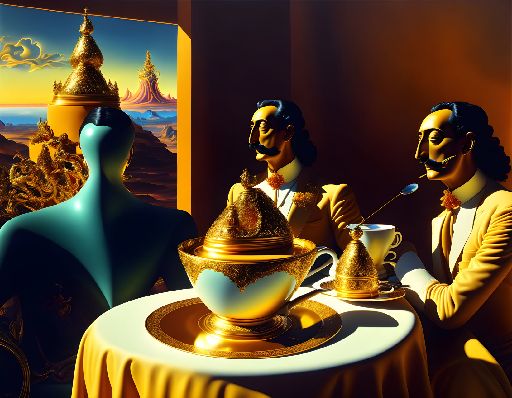 Surreal gentlemen figures with golden teapot in fantastical setting