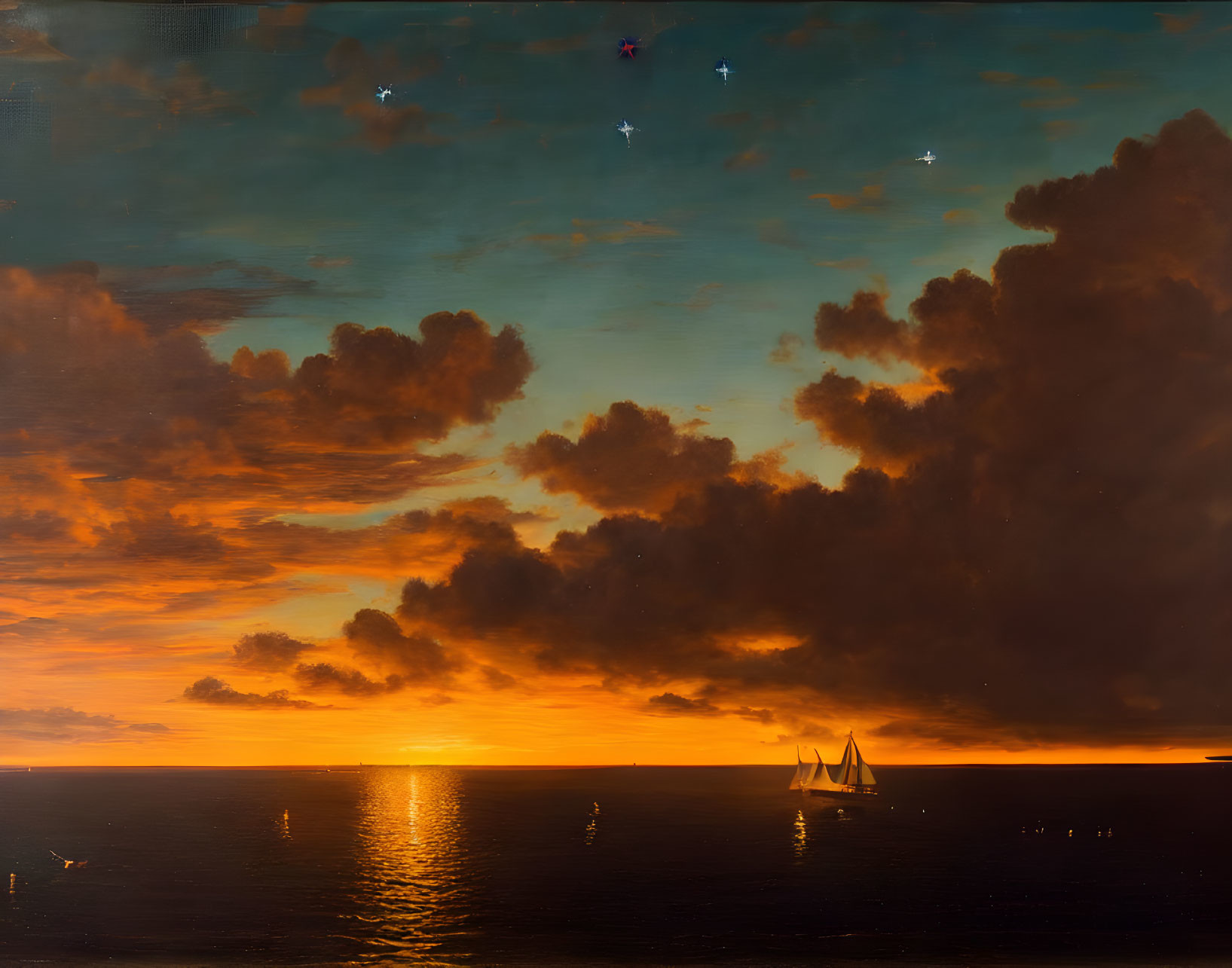 Tranquil sunset seascape with sailing ship and vibrant clouds