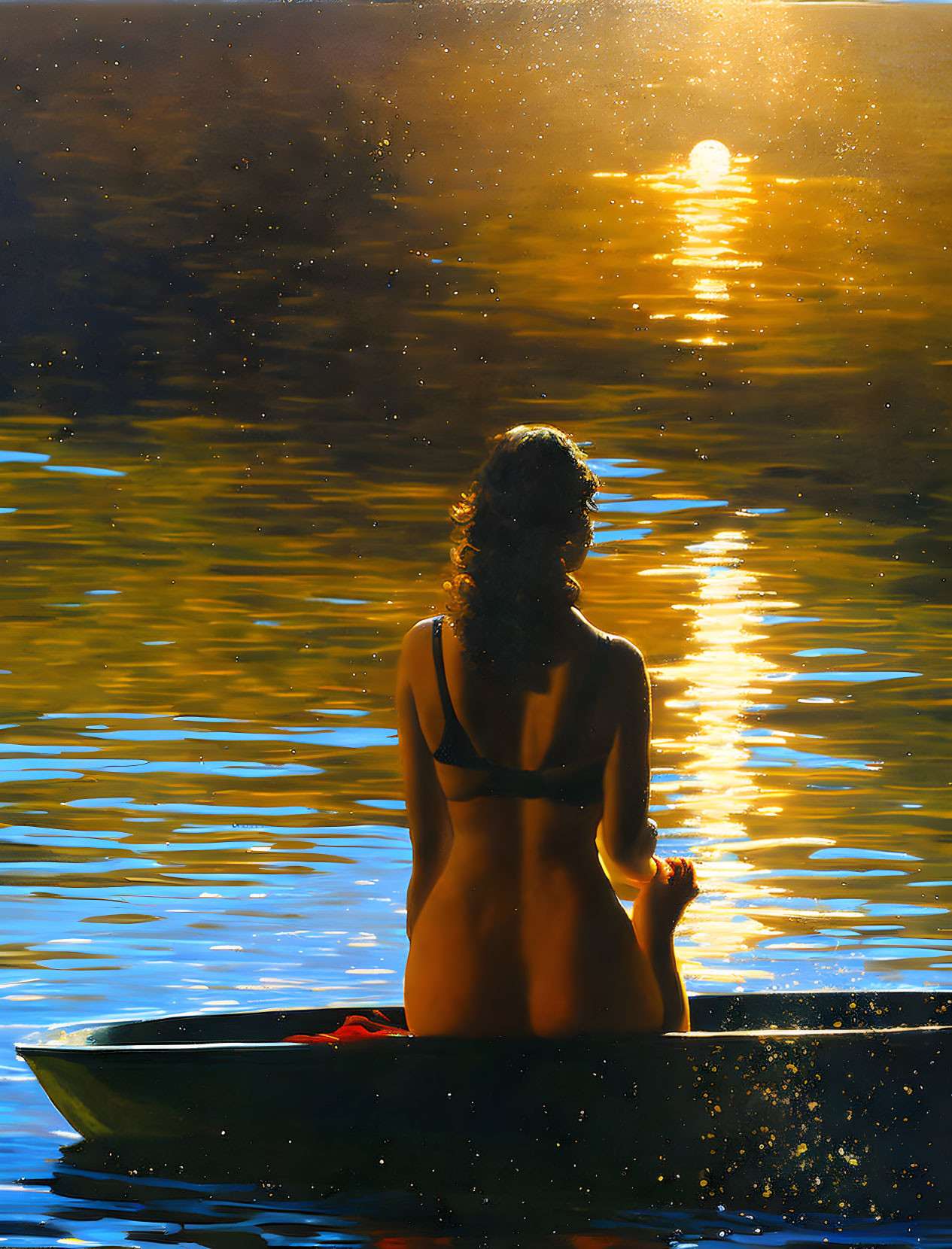 Woman on Boat Watching Serene Sunset over Glittering Water