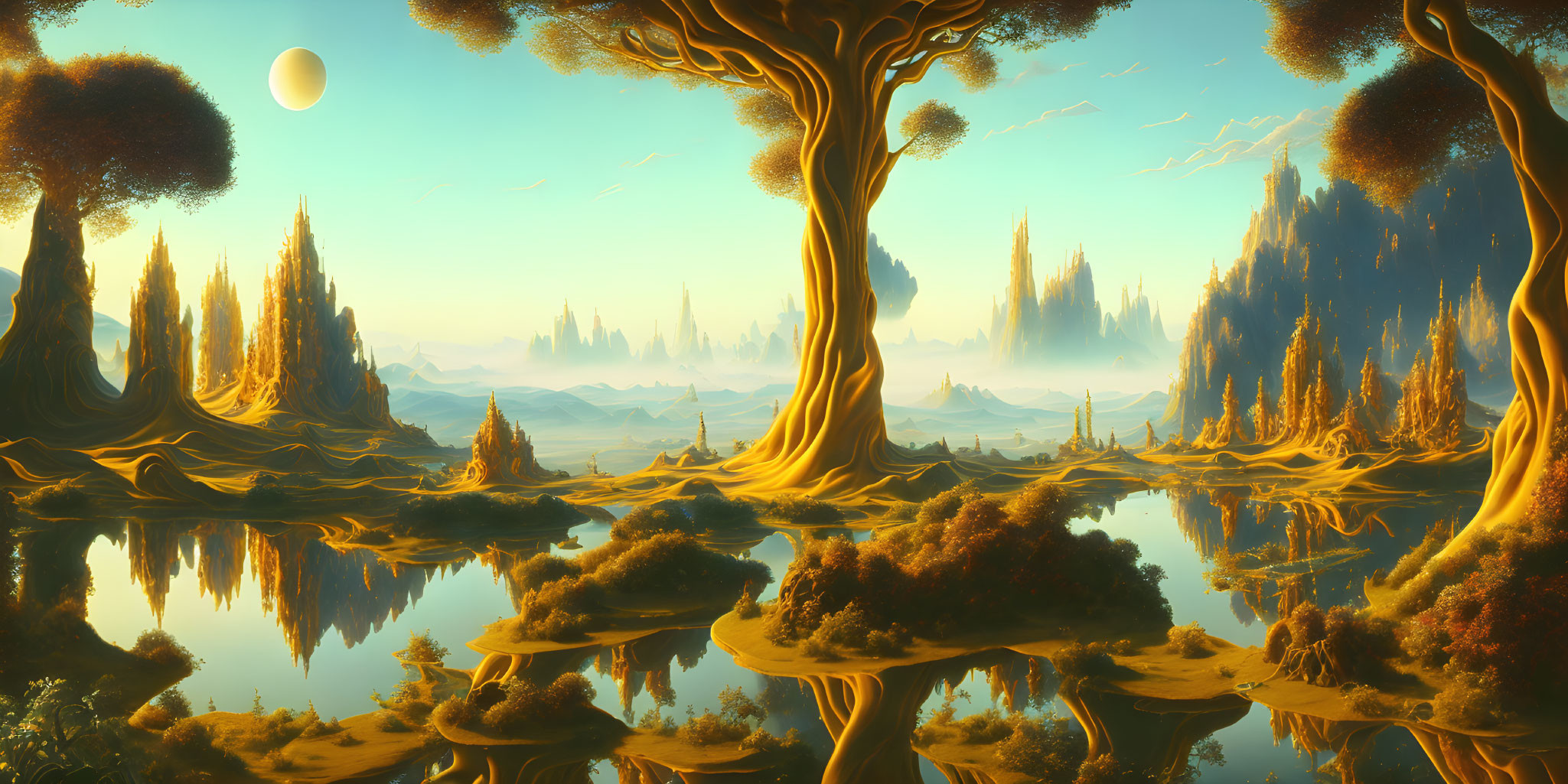 Golden Trees, Reflective Water, Rock Formations in Serene Fantasy Landscape