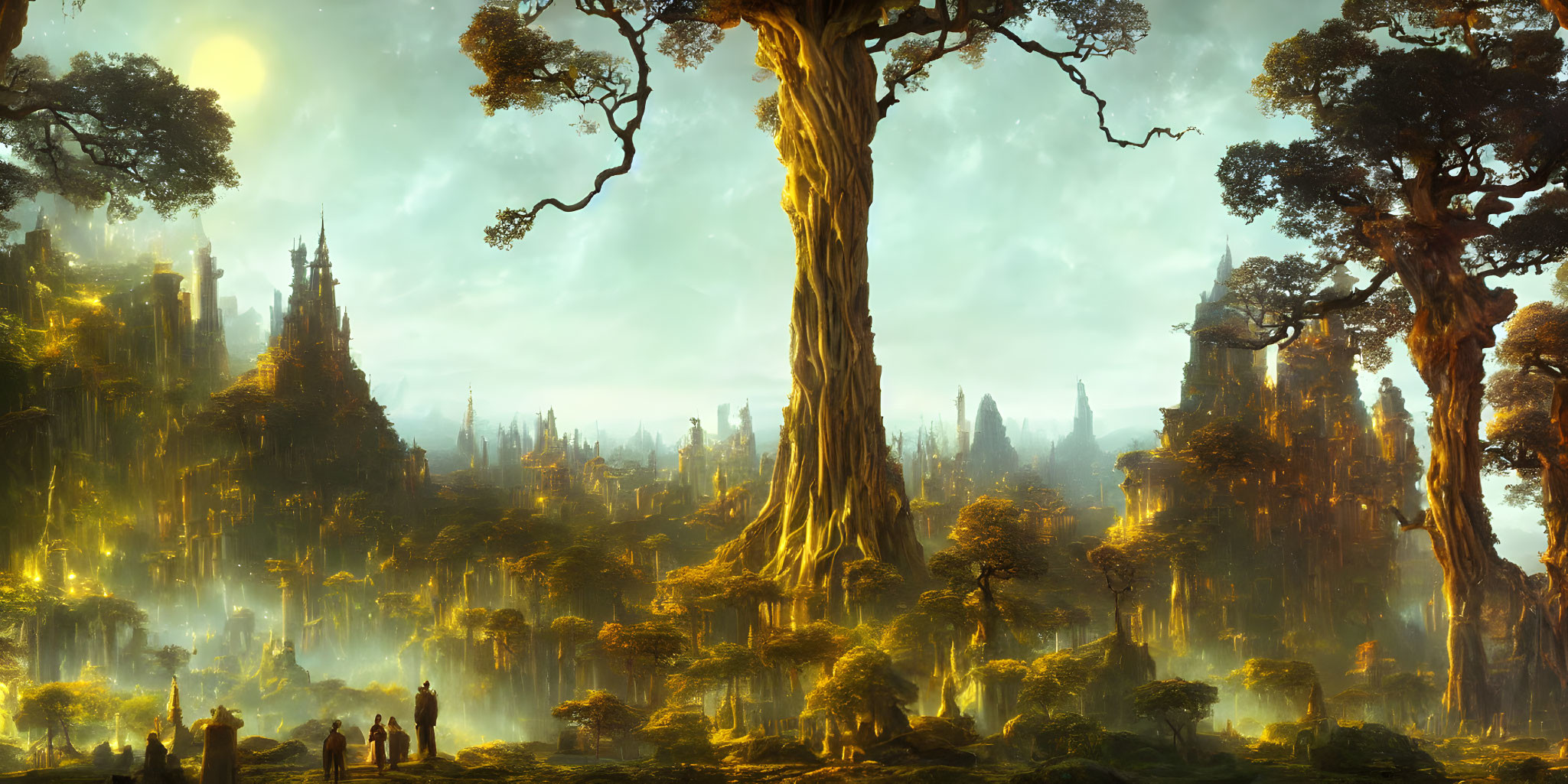 Majestic ancient trees in glowing forest with distant castle at sunset