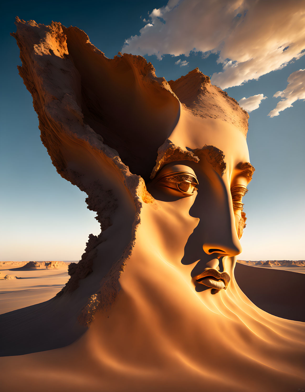 Surreal desert landscape with giant human face rock formation