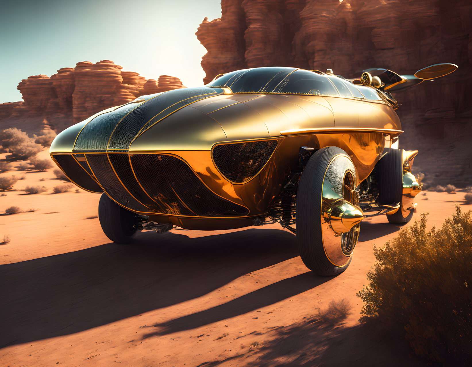 Futuristic golden car in desert with rocky formations at sunset