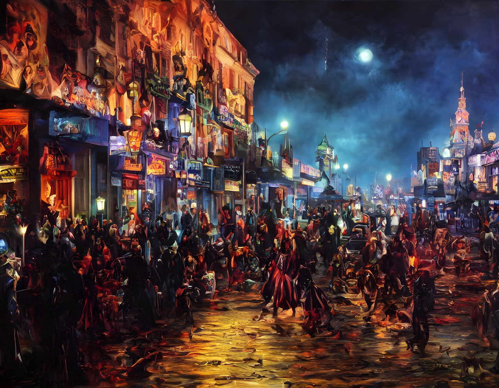 Vibrant night-time street scene with cultural festival ambiance