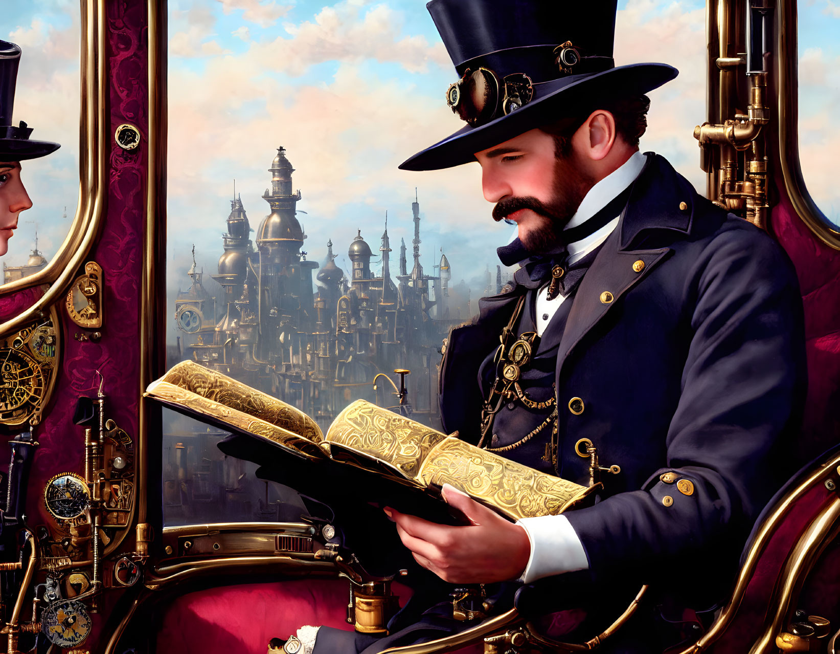 Victorian man reading book in steampunk city cabin