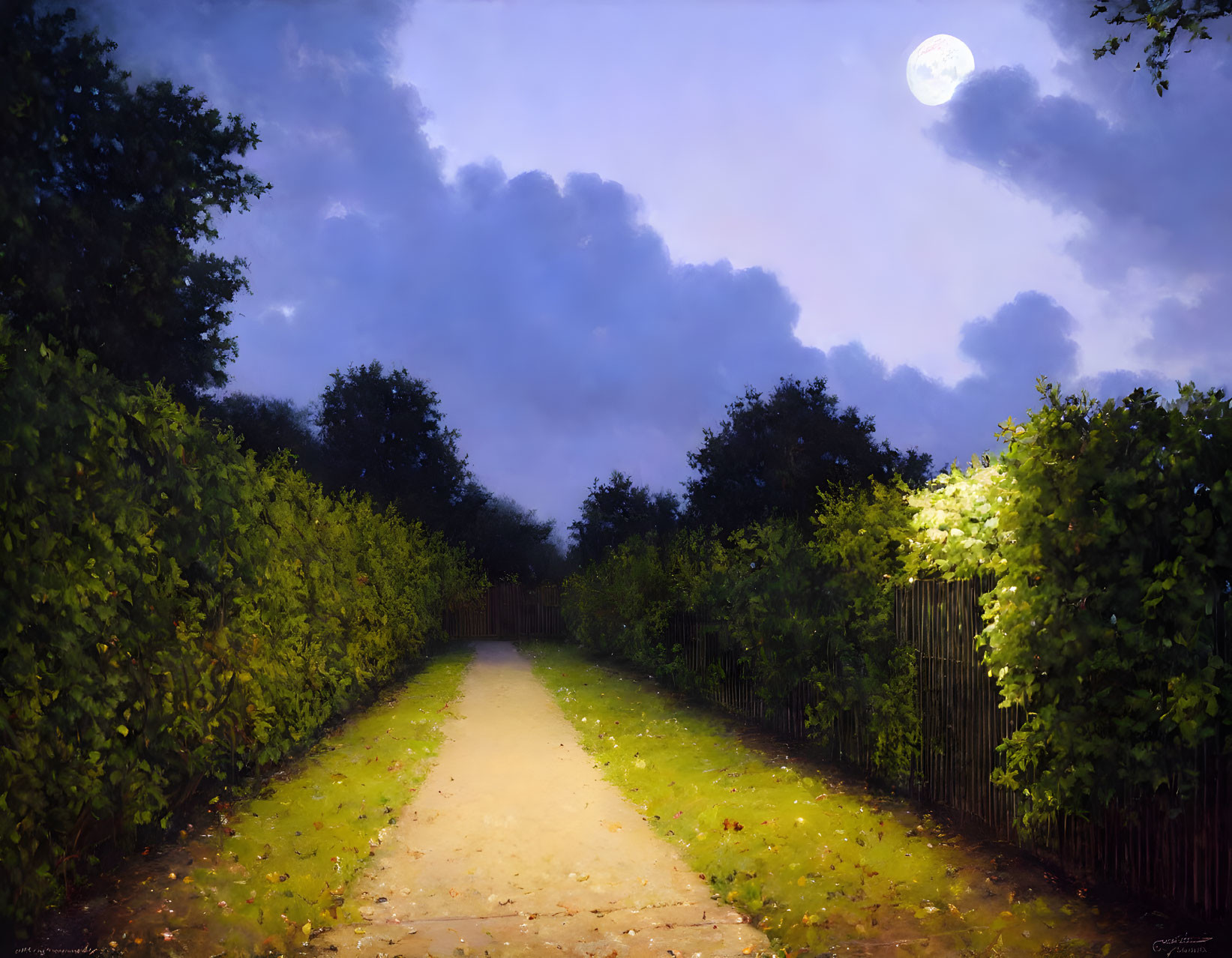 Tranquil nighttime path with full moon and green hedges