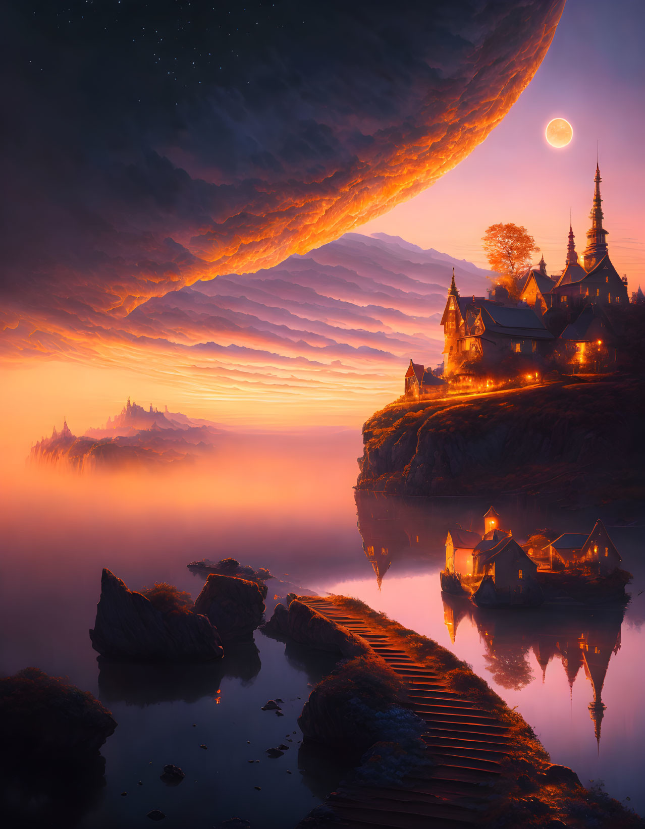 Fantasy twilight landscape with castle, bridge, boats, celestial body, and starry sky