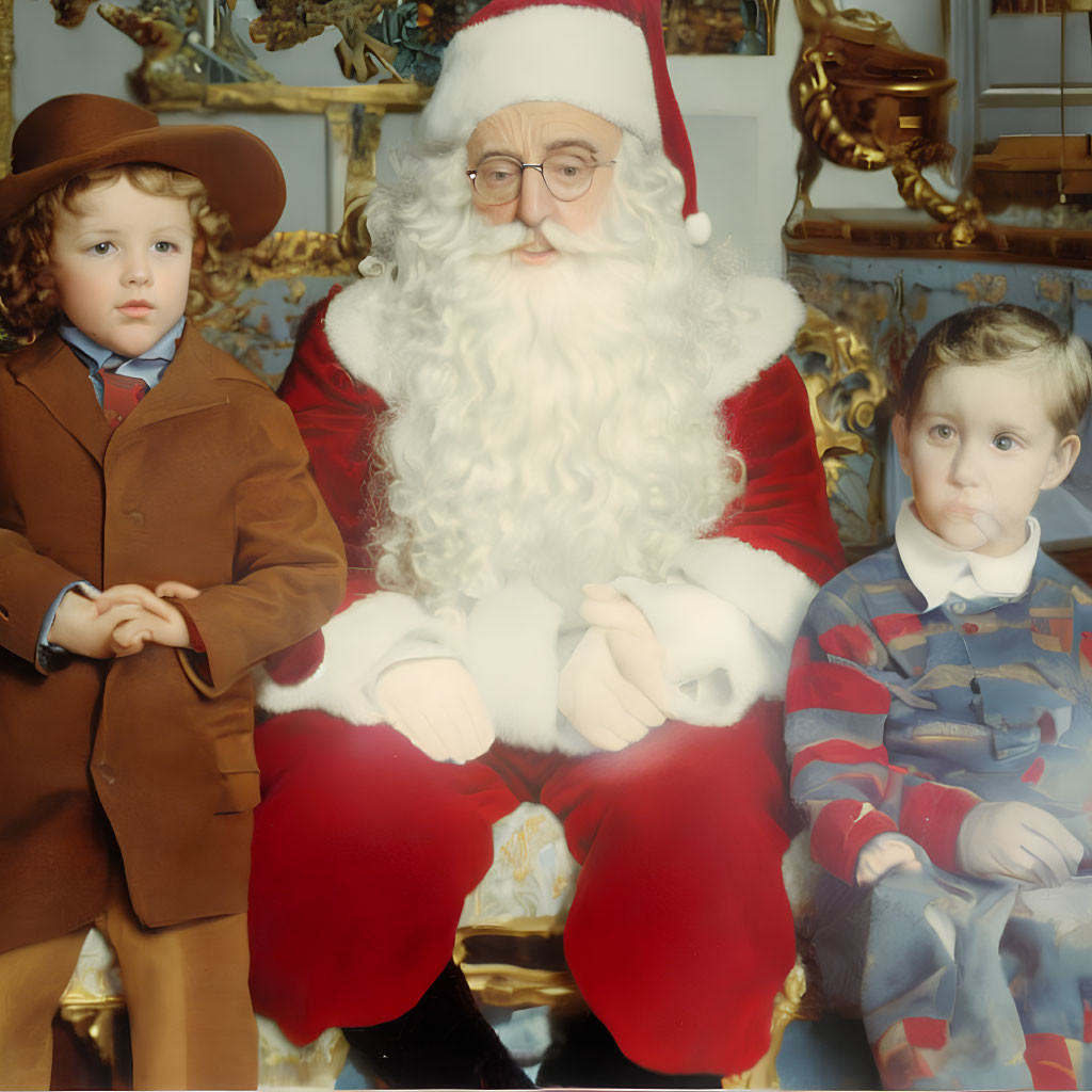 Children posing with Santa Claus in festive setting