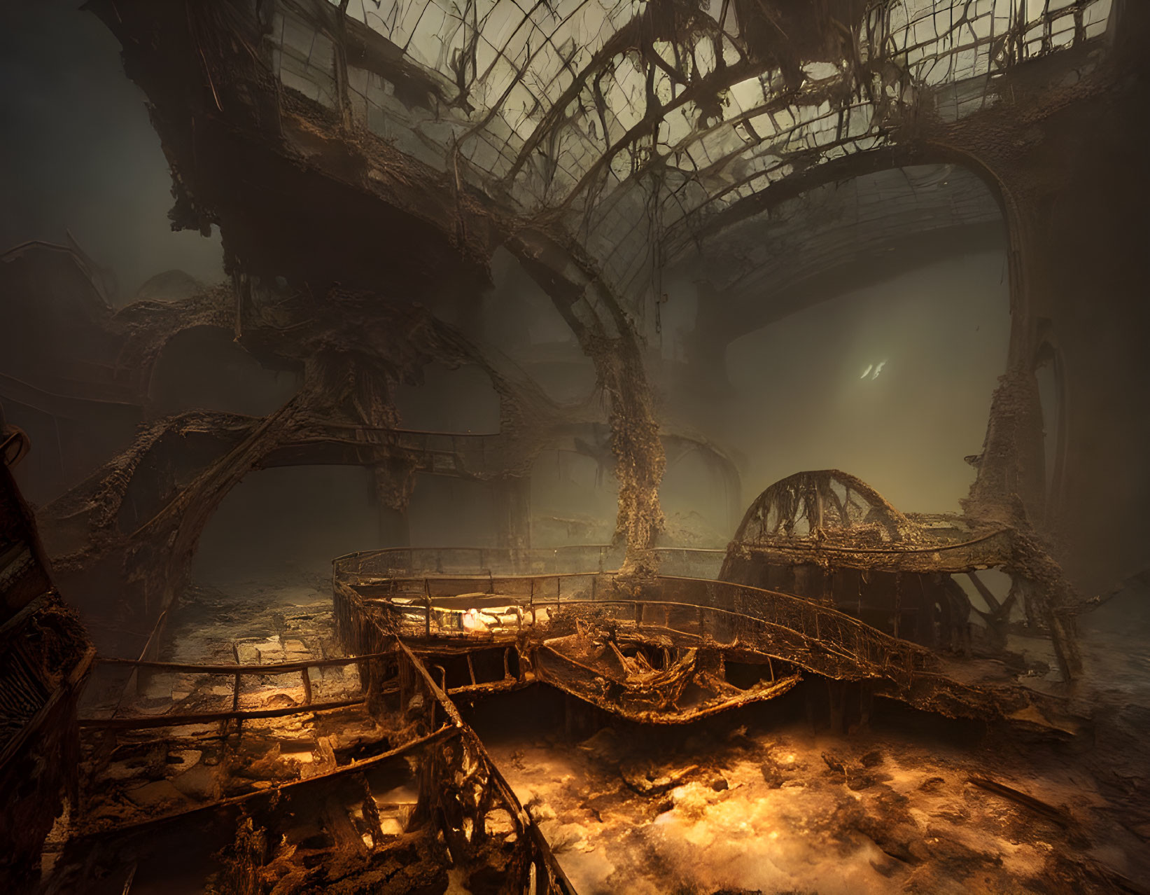 Decaying interior of grand building with broken staircase and chandelier remnants.