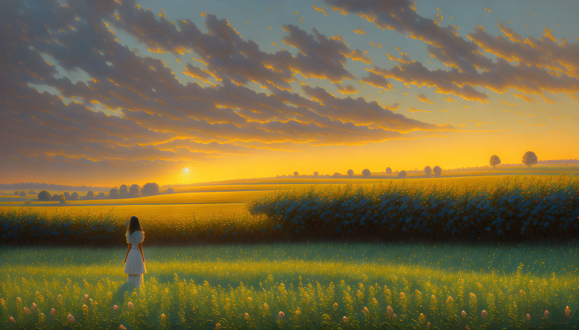 Girl in white dress in vibrant sunrise field