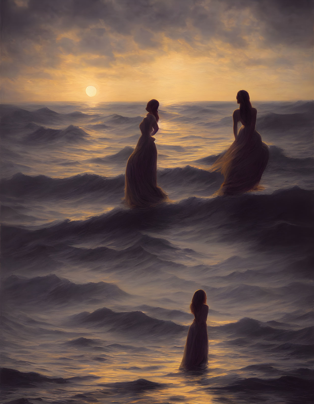 Silhouetted figures in gowns amidst towering waves at sunset