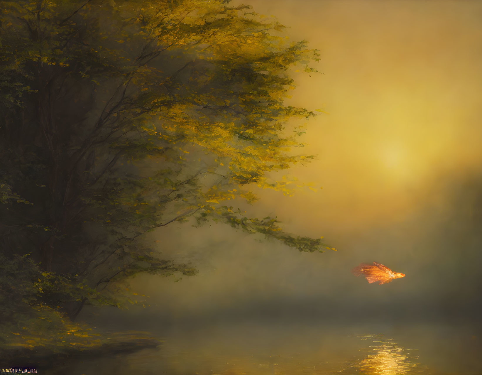 Radiant bird flying over tranquil water in foggy, golden-lit landscape