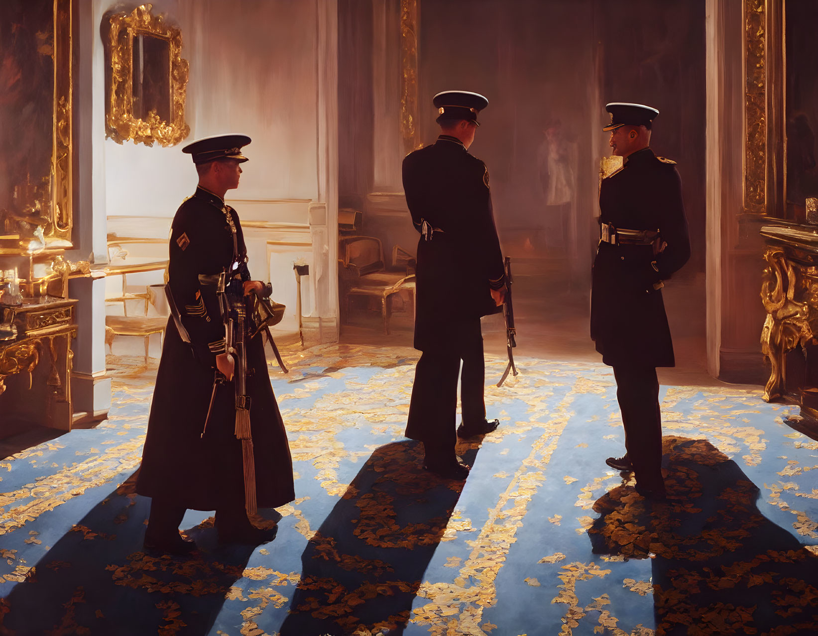 Three uniformed guards in ornate room with golden accents and blue carpet conversing.