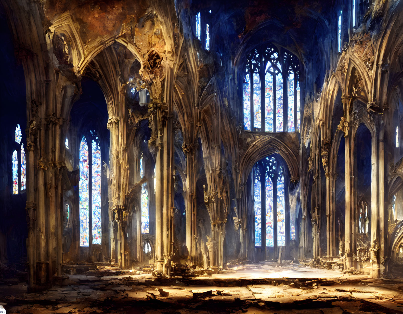 Detailed Gothic cathedral interior with stained-glass windows in ruins