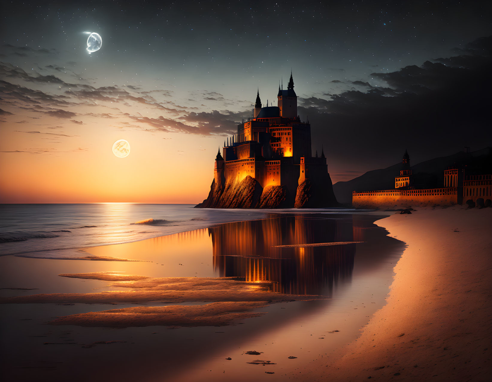 Castle by Beach at Twilight with Crescent Moon Reflection