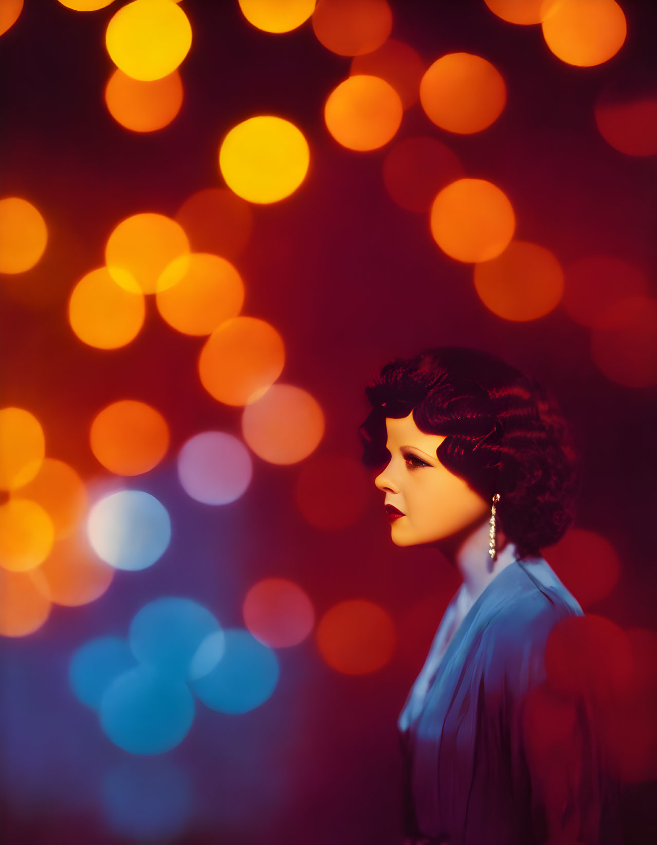 Profile view of woman with vintage hairstyle and earrings on bokeh light background