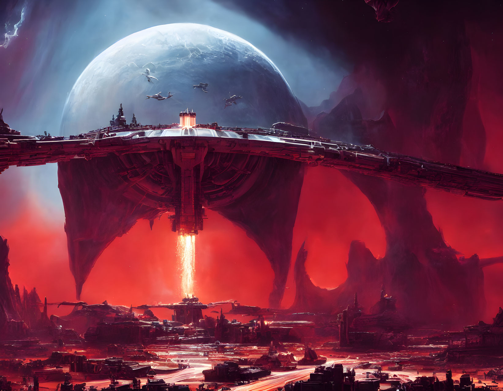 Futuristic city under giant planet with beam of light in reddish landscape