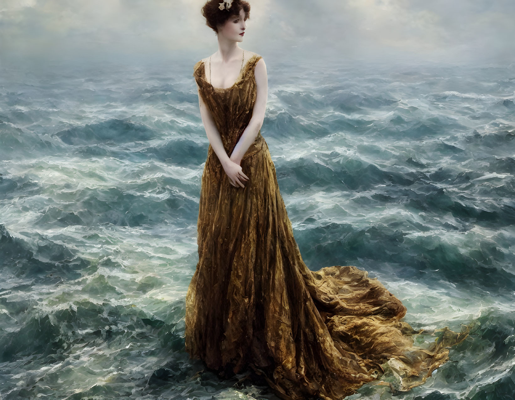 Woman in Elegant Gold Dress on Rocky Outcrop Amidst Turbulent Sea Waves