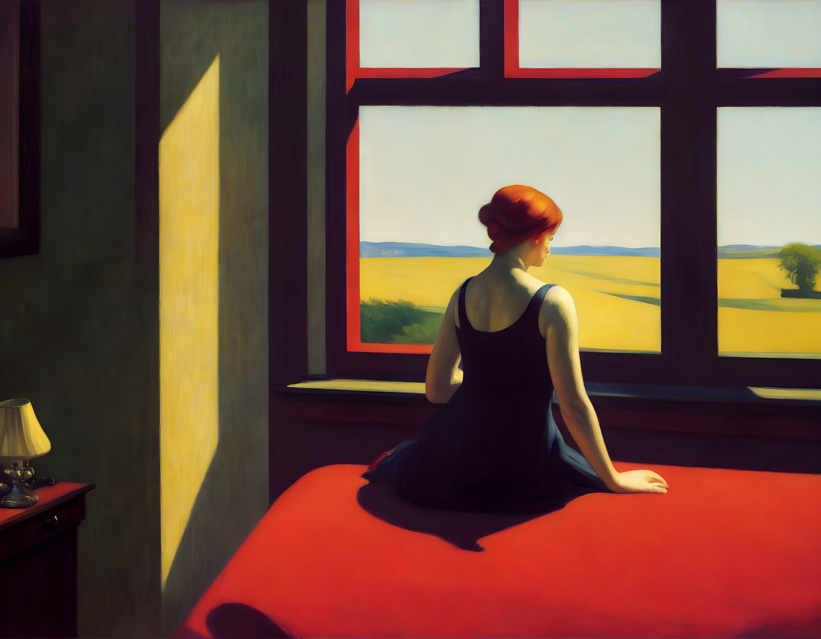 Woman in Blue Dress Sitting on Red Bedspread by Open Window on Sunny Day