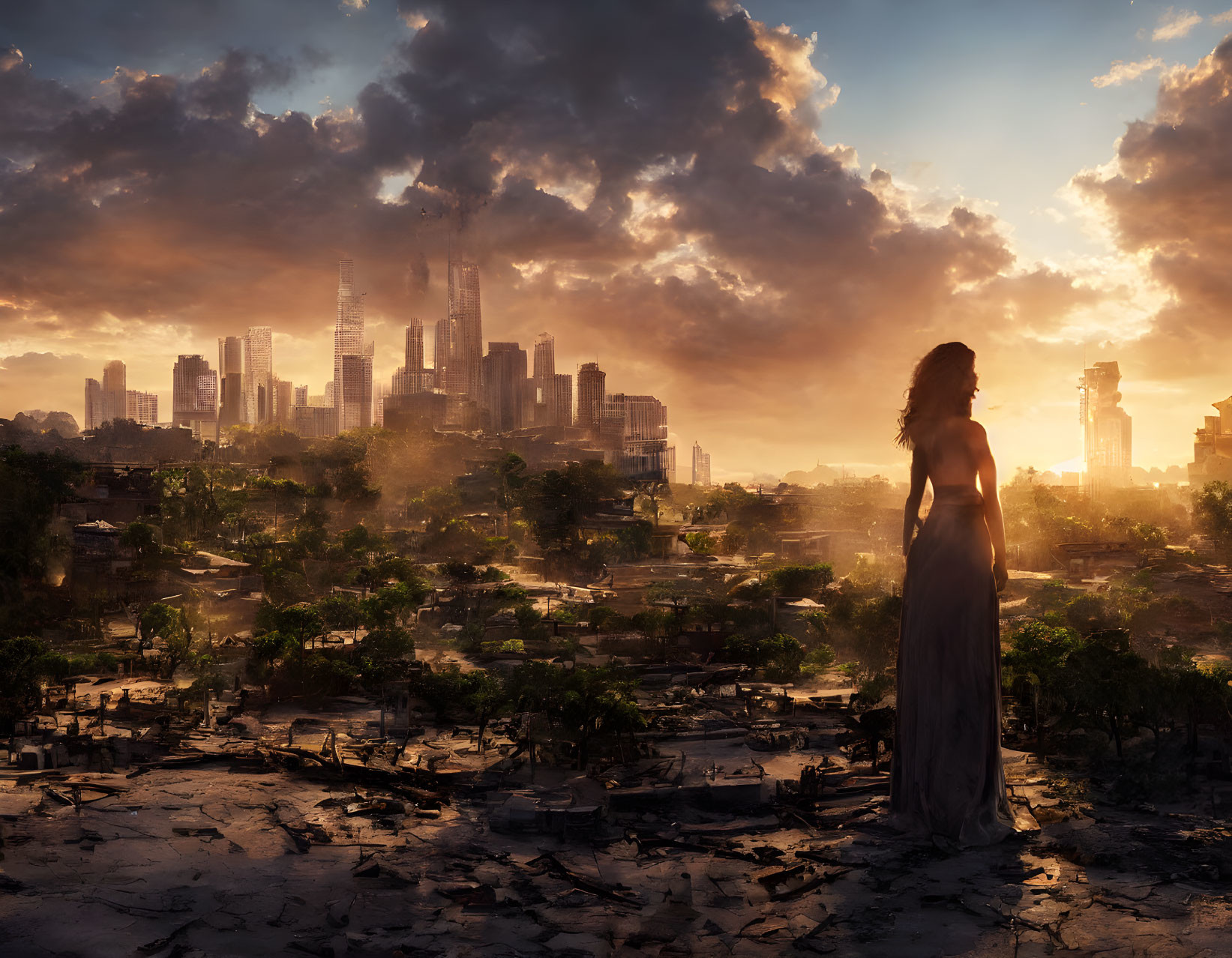 Woman in dress against dystopian sunset backdrop