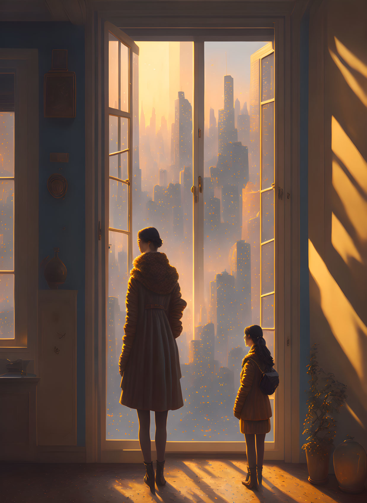 Woman and girl admire sunset over futuristic cityscape in warmly lit doorway