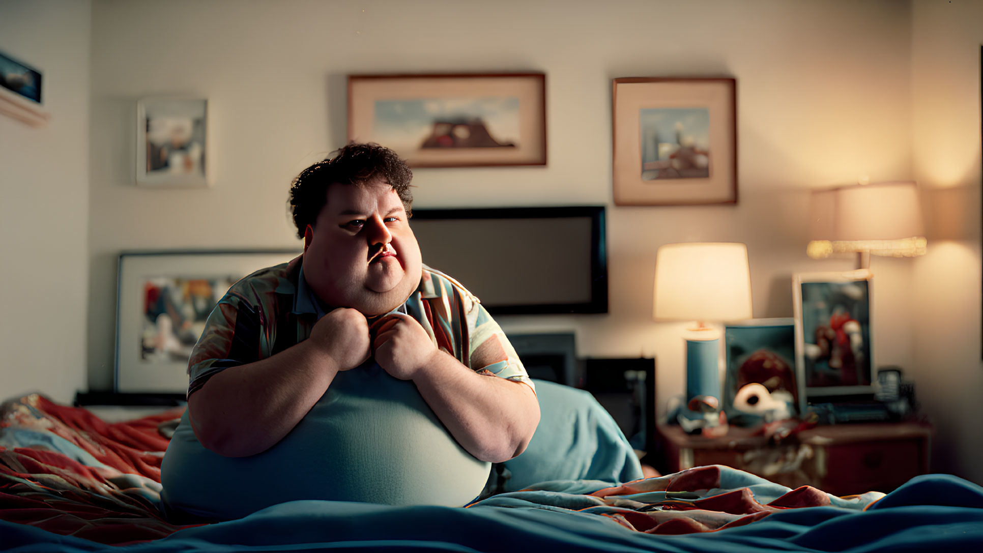 Person sitting on bed in dimly lit room surrounded by pictures and television