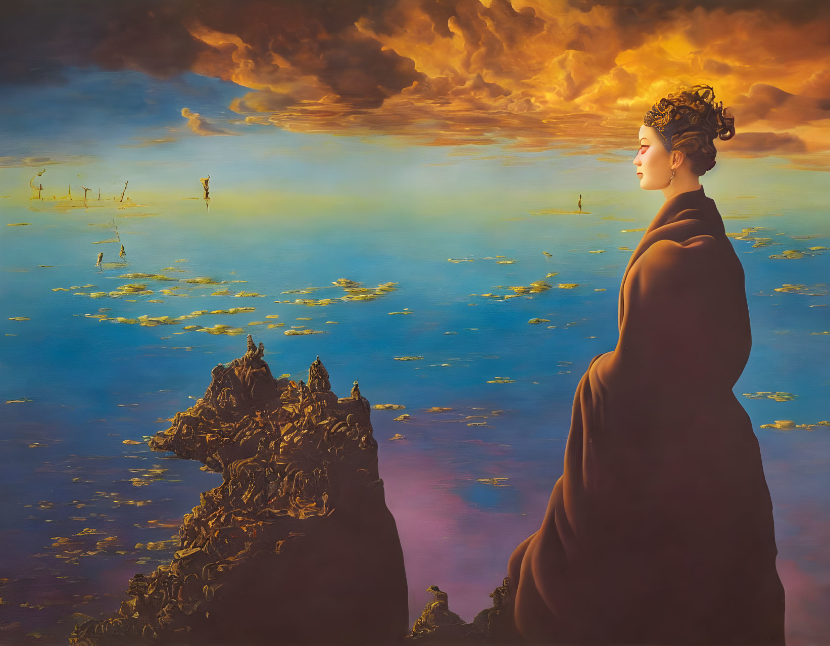 Surreal painting of woman with styled hair gazing at sea