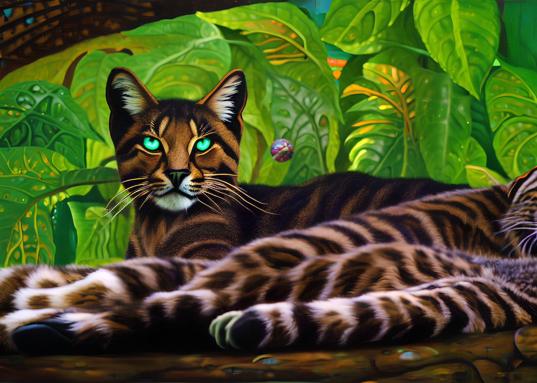 Colorful Striped Cat Painting in Lush Jungle with Blue Eyes