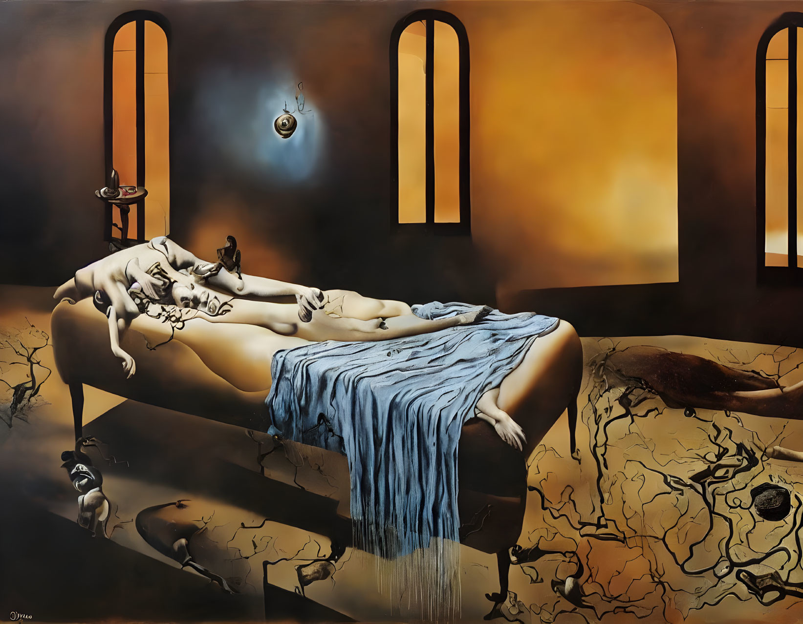 Surreal artwork of reclining woman with flowing fabric, arched windows, cracked ground, and