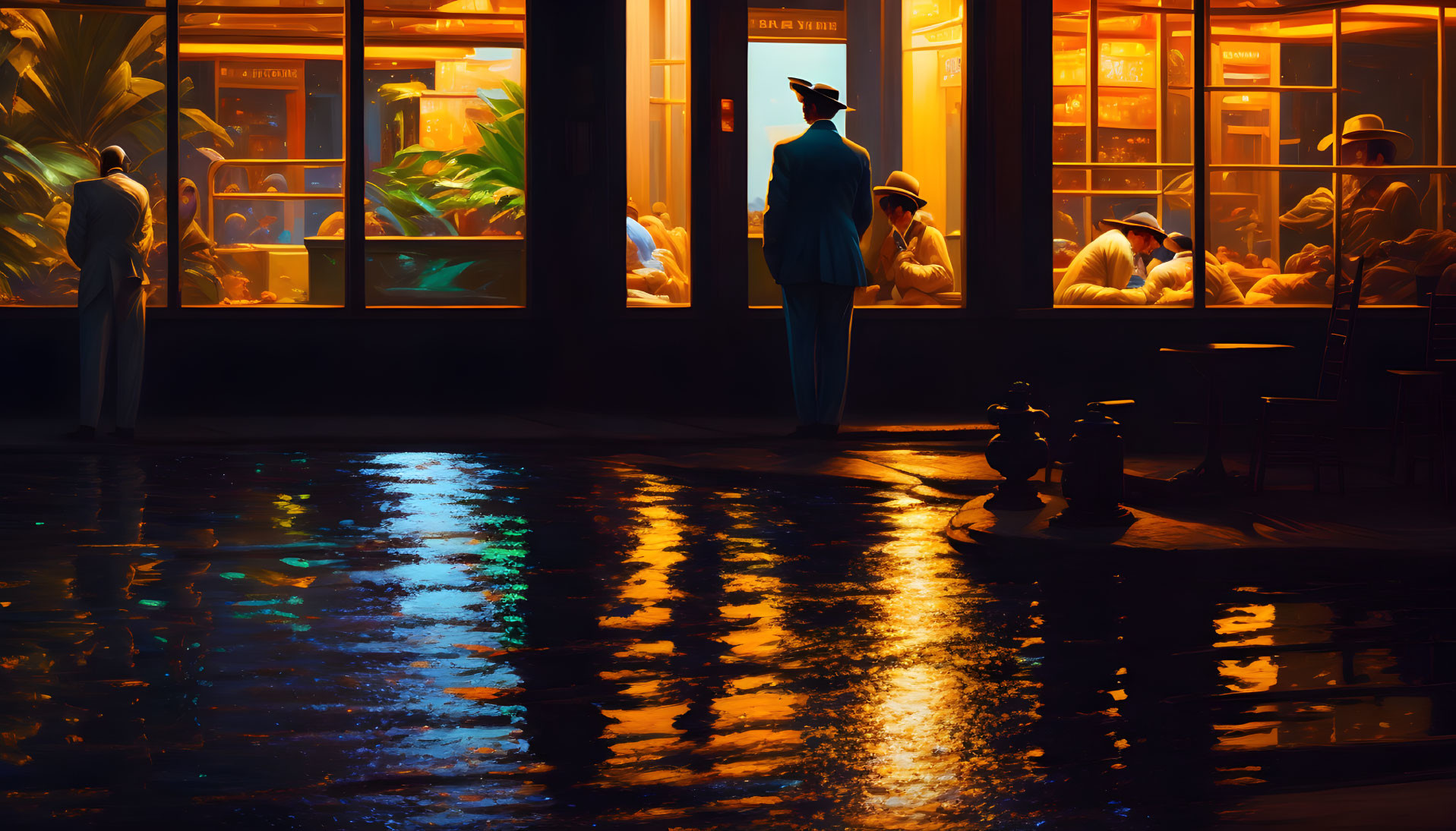 Urban night scene with silhouetted figures and warmly lit windows reflecting on wet street.