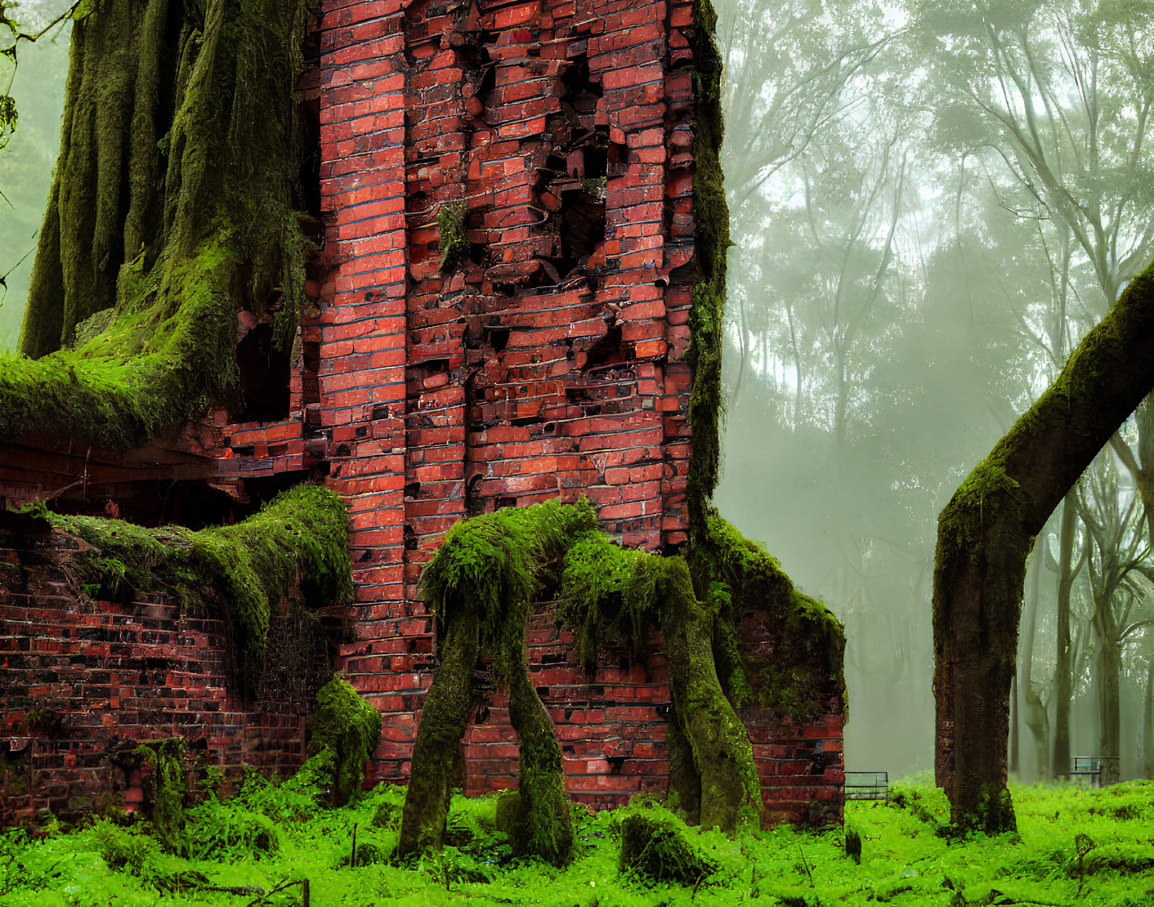 Moss-Covered Brick Chimney in Dense Forest Setting