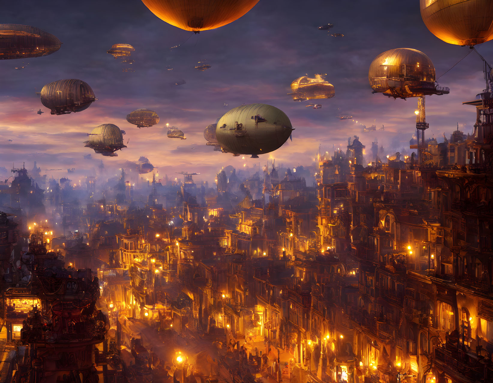 Fantasy cityscape at dusk with airships and Gothic buildings.