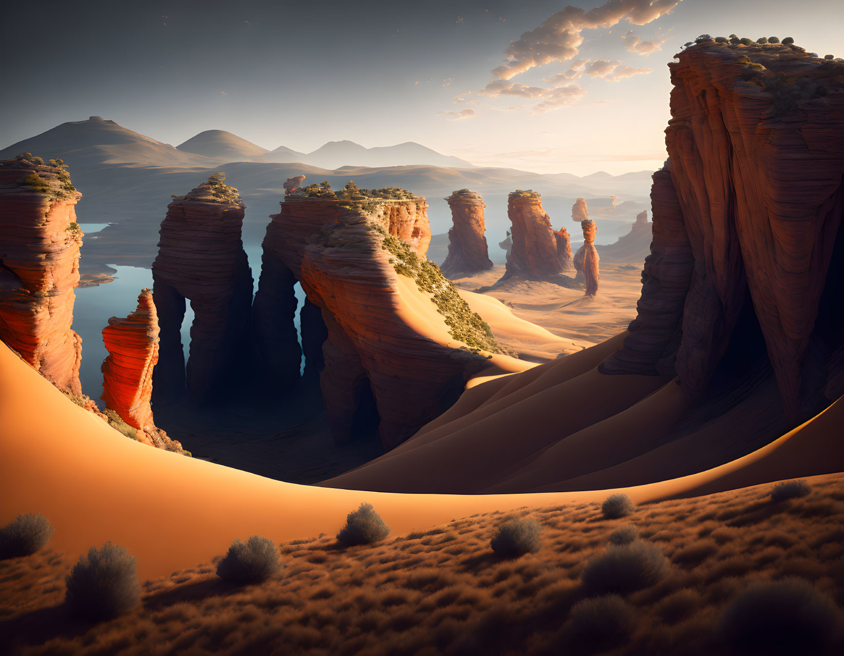 Sunset desert landscape with sandstone formations, dunes, vegetation, and calm water.